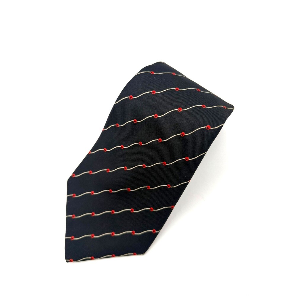 Vintage Roland Italy Silk Tie Black Red Wavy Stripes Polka Dot Retro Mod